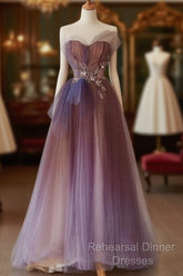 A-Line Purple Gradient Tulle Beaded Long Party Dress, Purple Tulle Semi Formal Prom Dress